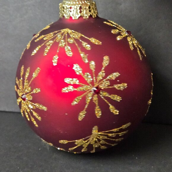 Frontgate Red Gold Glass Christmas Ornament 4" Glitter Starburst Jeweled Holiday - Picture 2 of 6